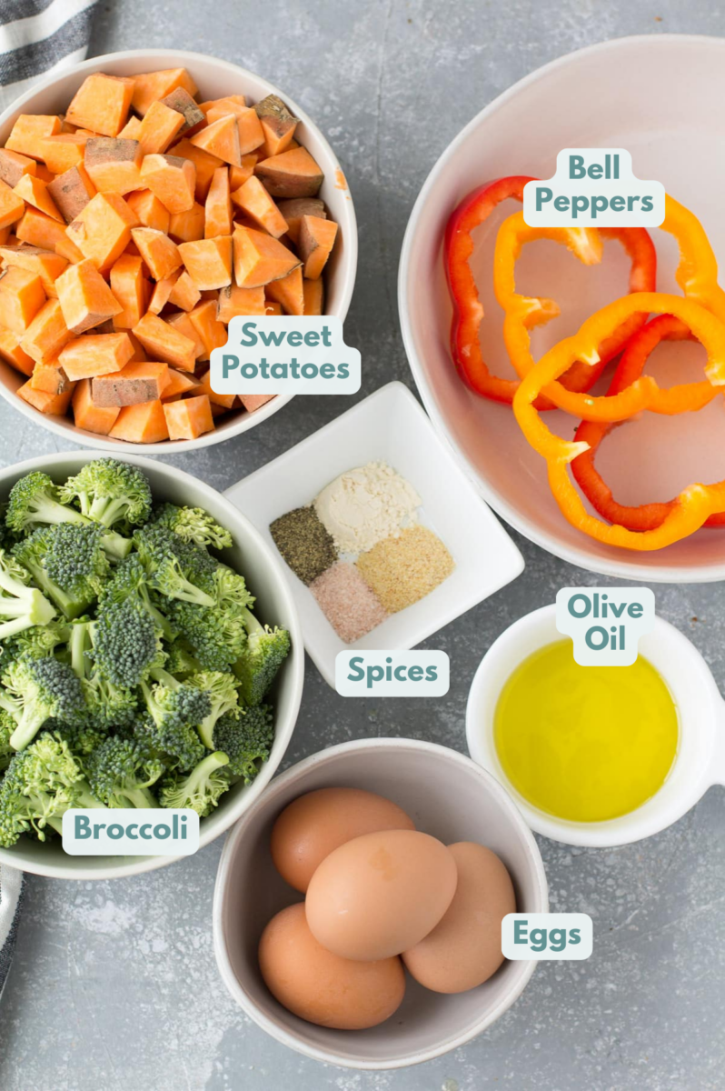 Ingredients for sheet pan breakfast in small white bowls on a grey background: bell pepper, potato mixture, broccoli, oil, spices, onion powder, salt and pepper, eggs
