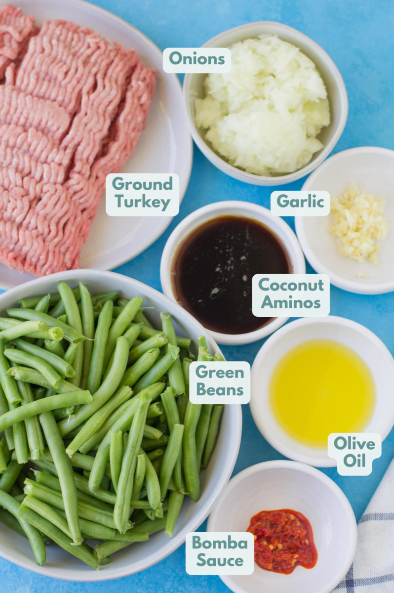 Ingredients for Ground Turkey Stir Fry in small white bowls on a blue background.
