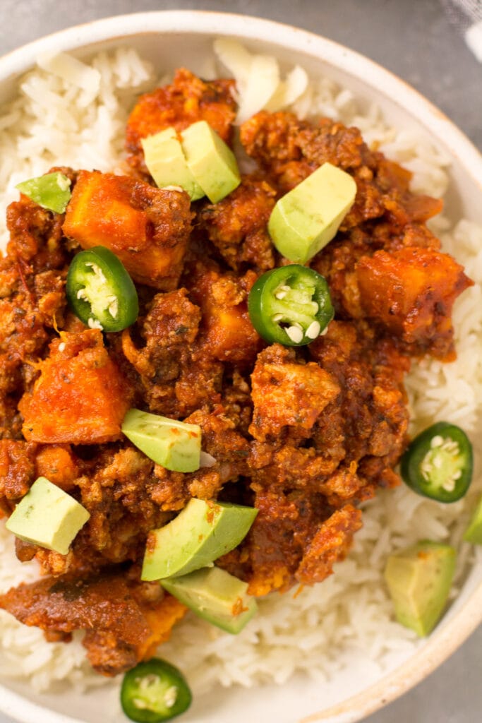 A close up image of whole30 ground beef chili