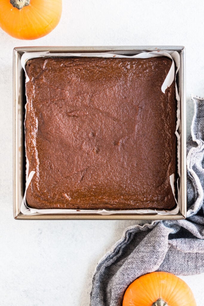 An overhead image of paleo pumpkin pie bars fresh out of the oven.