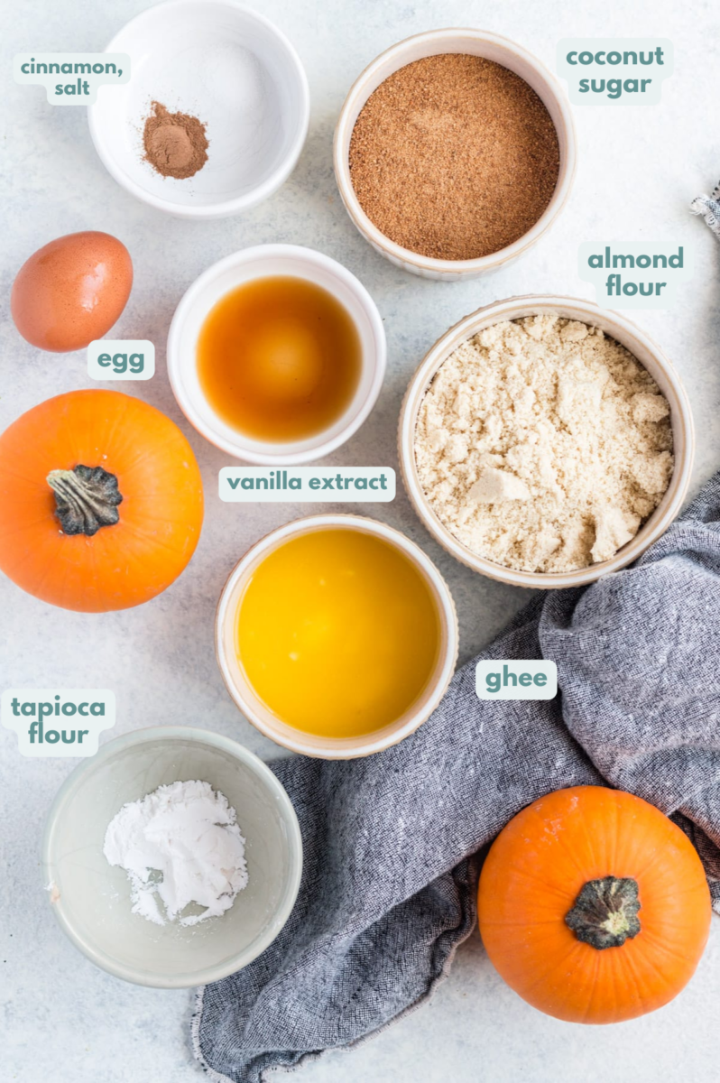 Ingredients for Healthy Pumpkin Pie Bars' crust in small white bowls ready to be baked