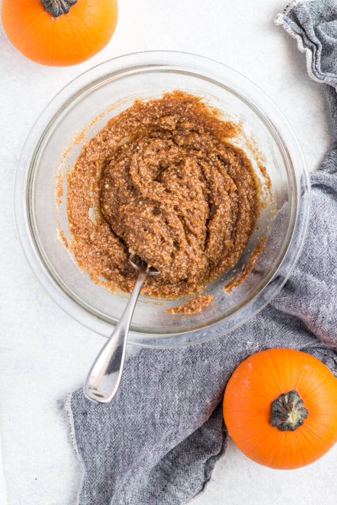 crust for healthy pumpkin pie bars being mixed together.