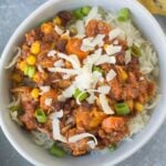 Leftover Turkey Chili in a white bowl