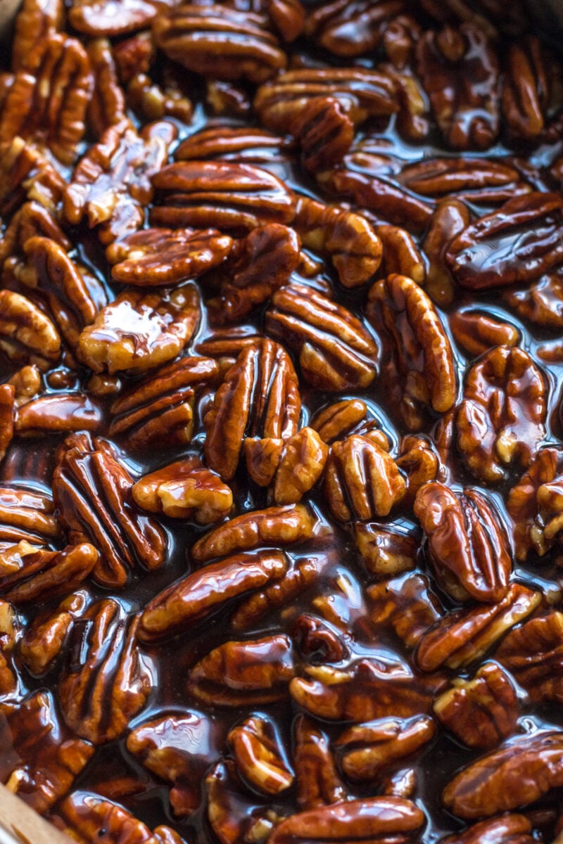 A close up of pecan pie bar filling.