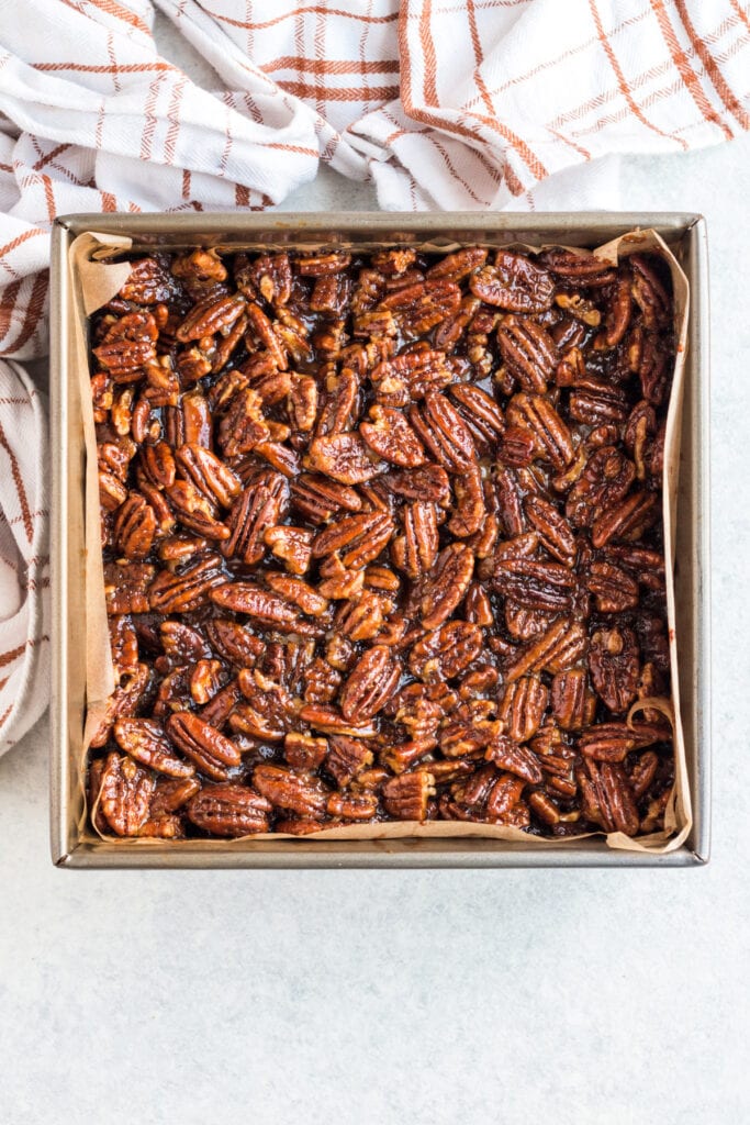 Gluten Free Pecan Pie Bars in a metal baking pan