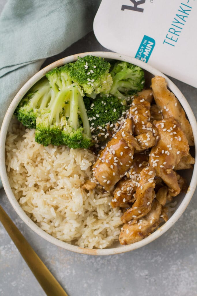 A close up overhead image of Kevin's Natural Foods in a white bowl