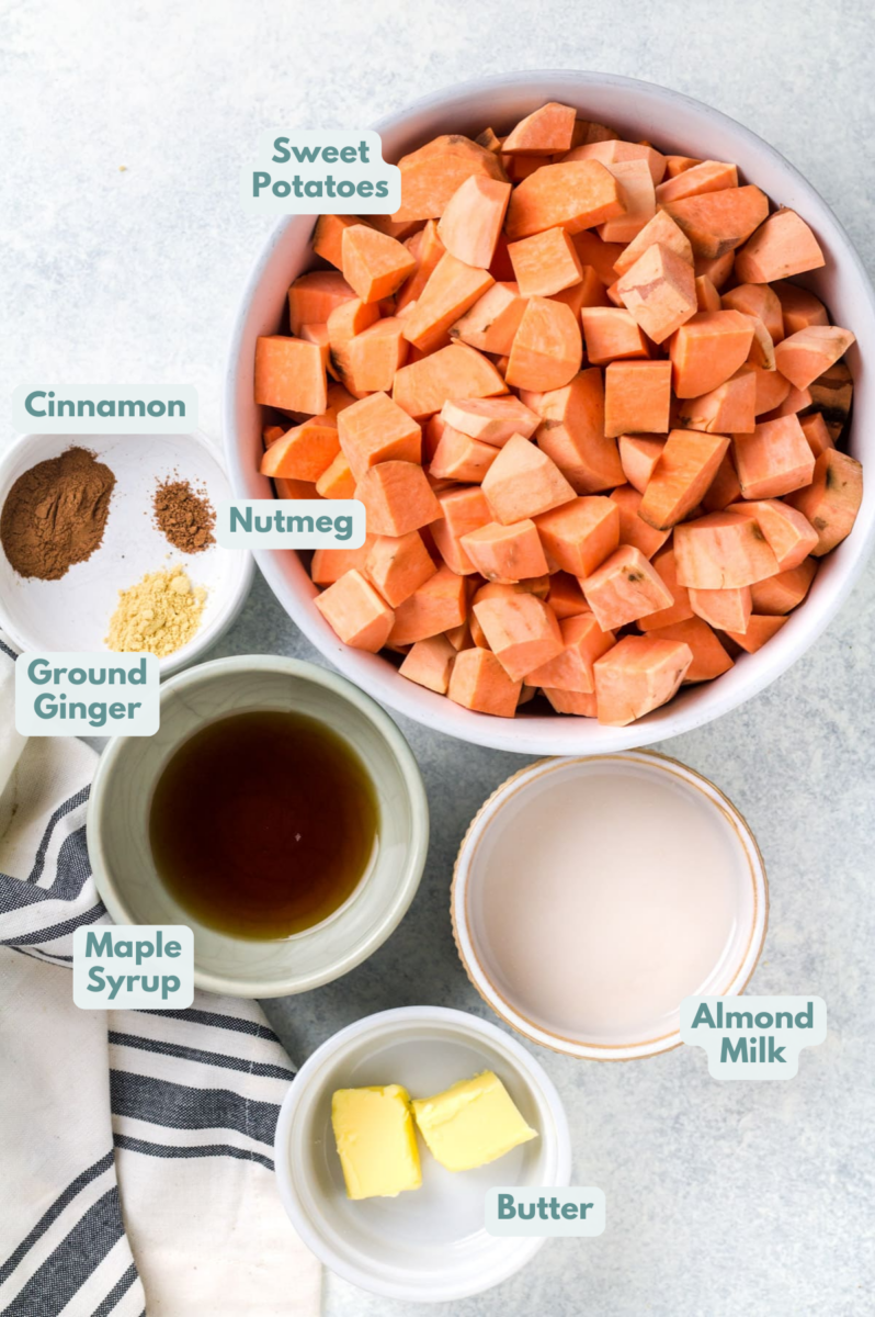 Ingredients for Paleo Sweet Potatoes Recipe in small white bowls on a grey background