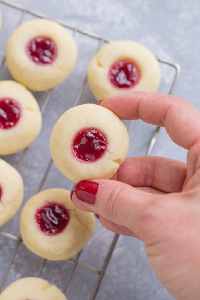 A hand holding a easy Thumbprint Cookies up to the camera