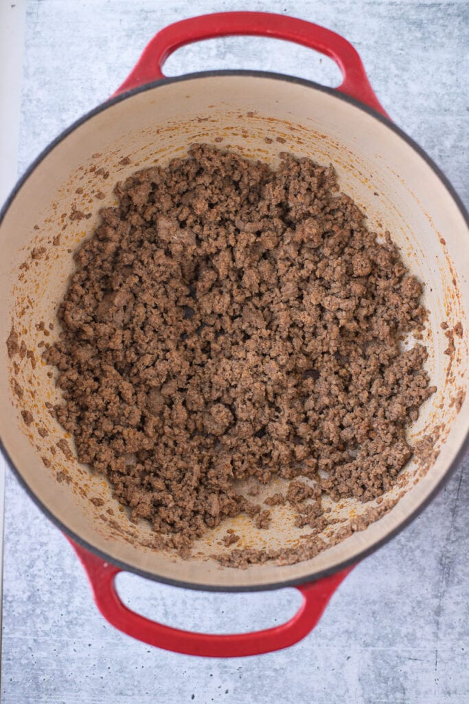 Ground Beef browning for Cheeseburger Soup