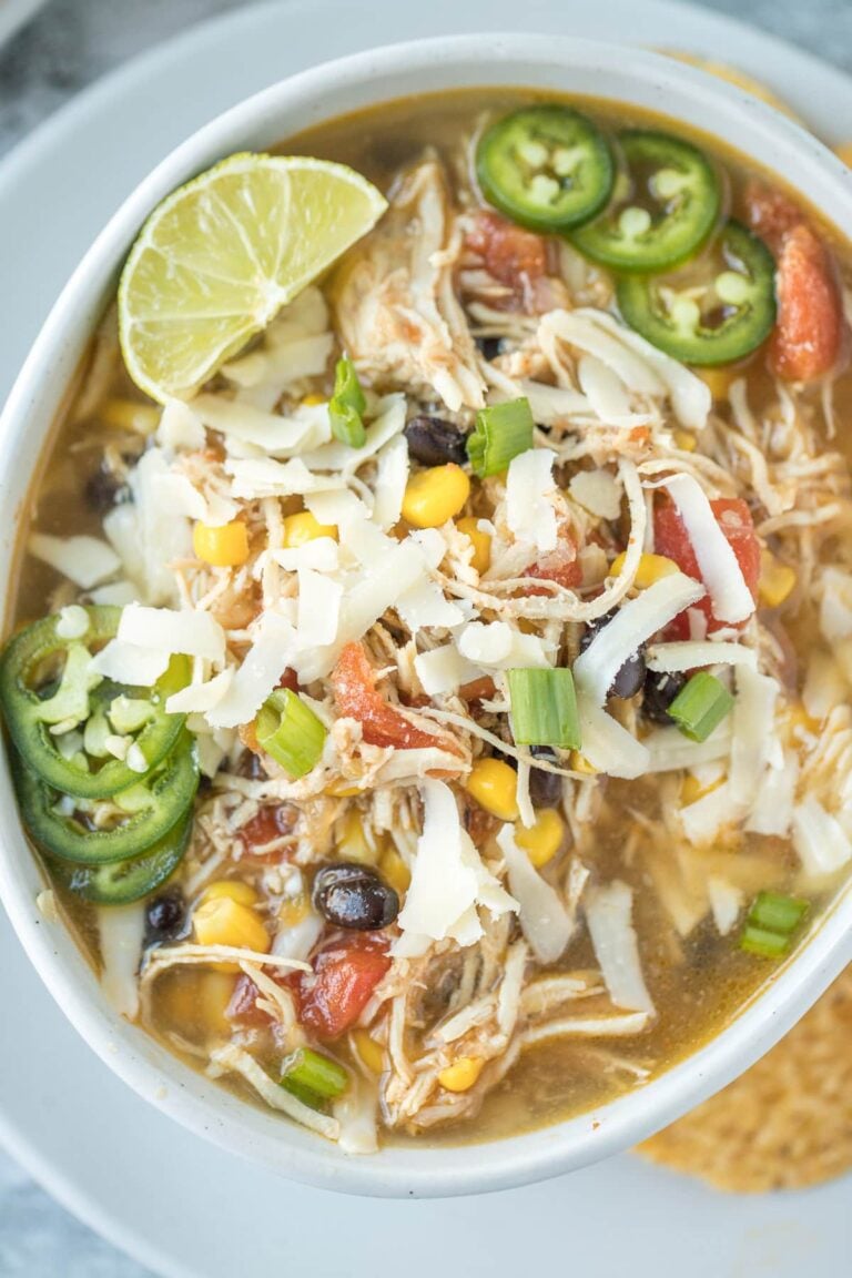 Chicken tortilla soup in a white bowl on a grey background