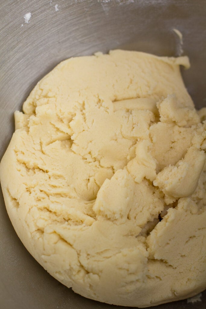 Dough for classic thumbprint cookies in a metal bowl