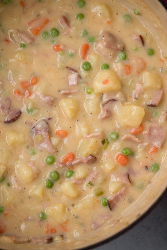 A closeup of ham and potato soup in a black crockpot