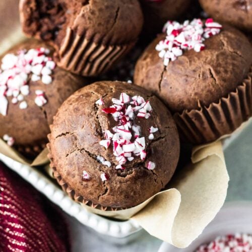 Healthy Peppermint Mocha Muffins in a white dish on a light background