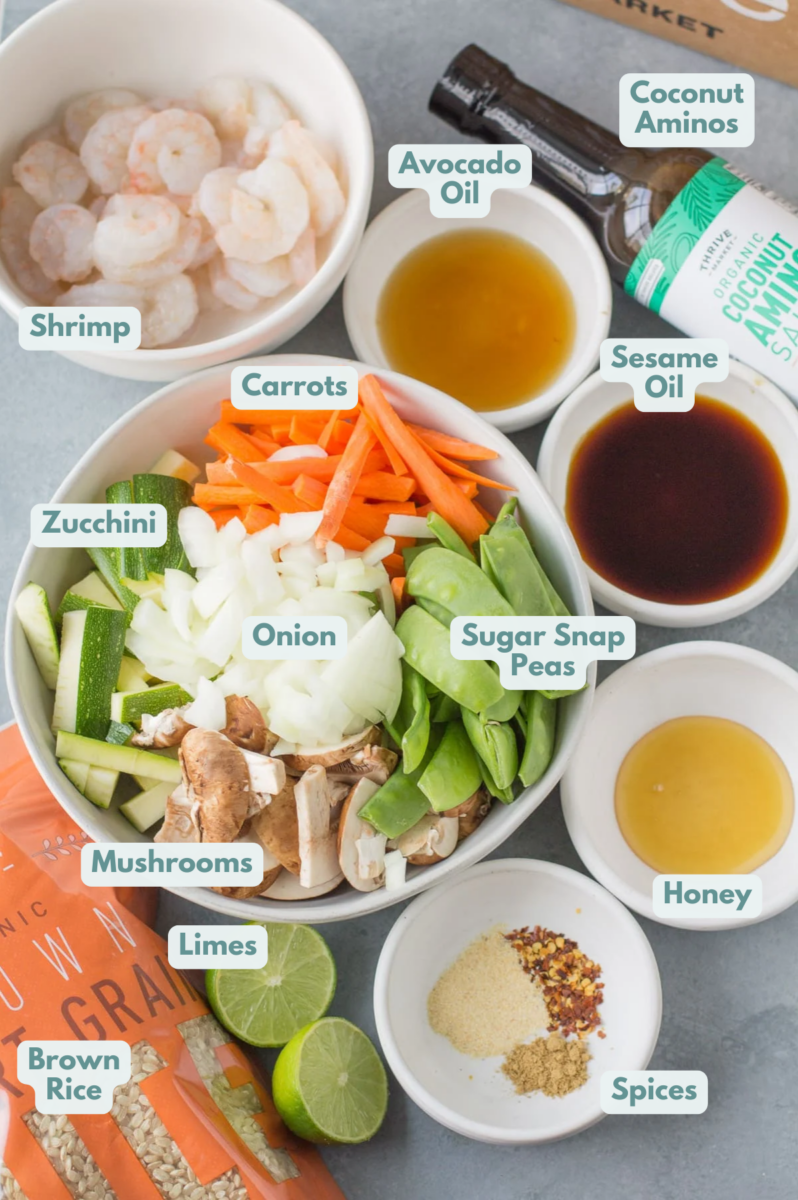 Ingredients for Shrimp Stir Fry in small white bowls on top of a grey background