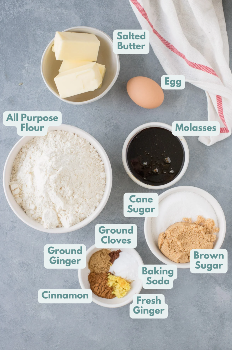 Ingredients for Crispy Gingersnap Cookies in small white bowls on a grey background