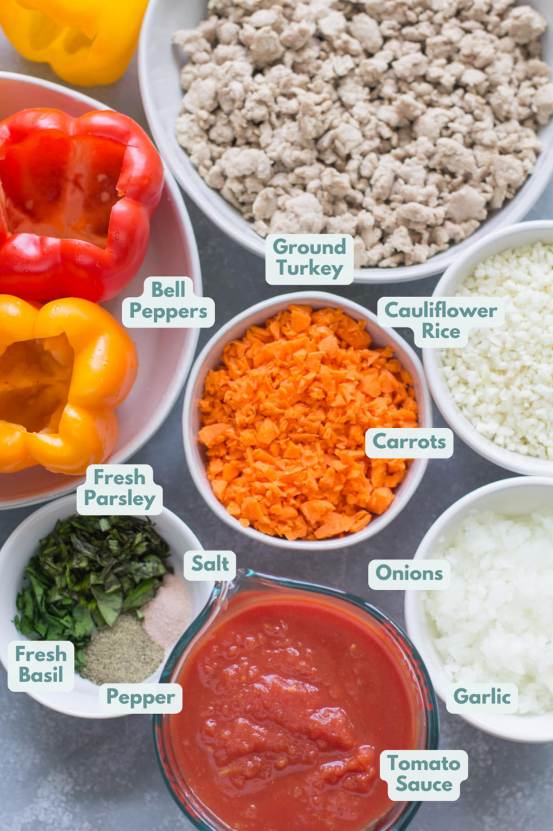 Ingredients for paleo stuffed peppers laid out on a grey background.