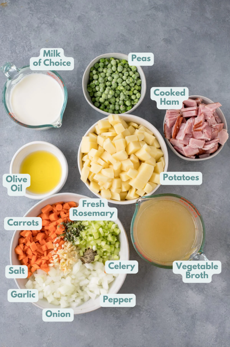 Ingredients for ham and potato soup recipe in white bowls on a grey background