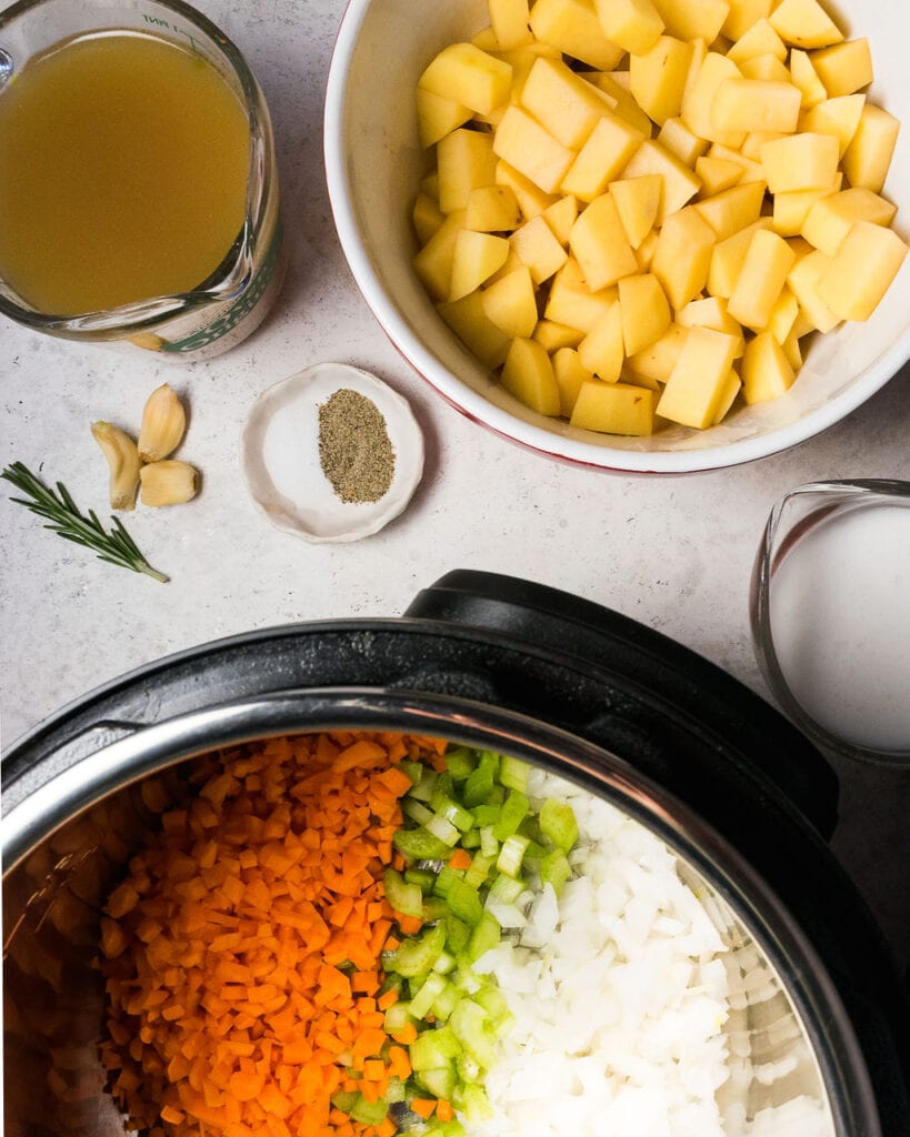 Ingredients for instant pot potato soup being sauteed in the instant pot