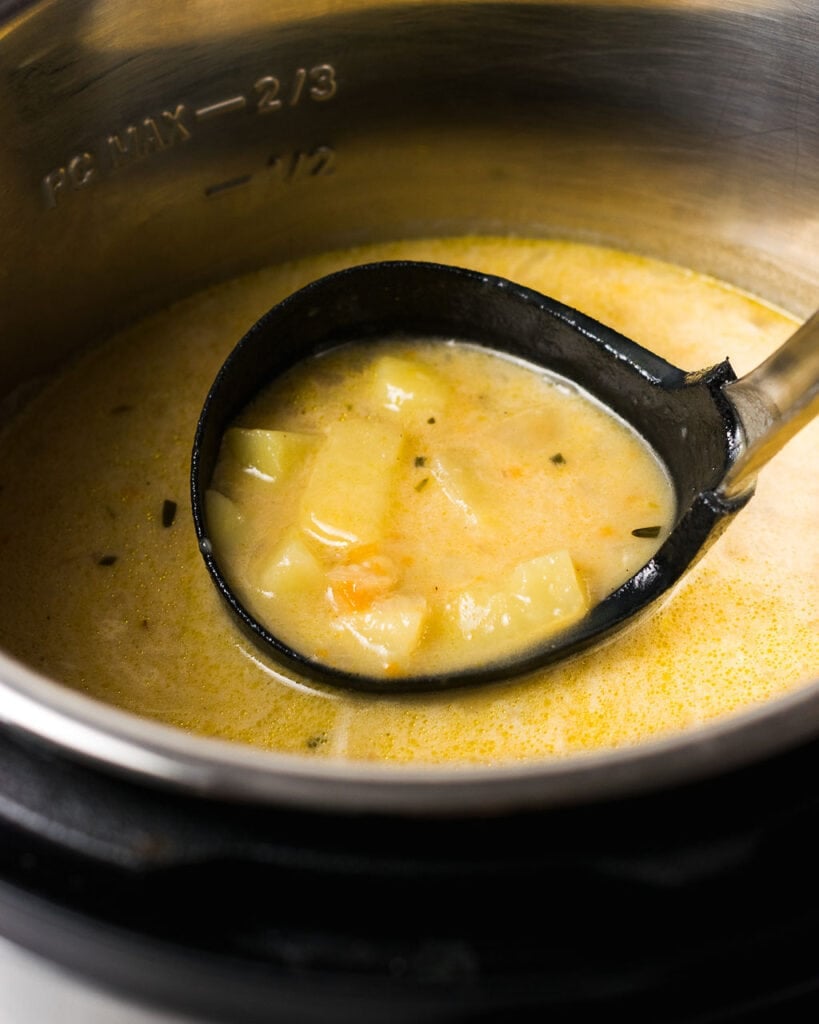 Instant pot potato soup after it's been cooked before it's been blended