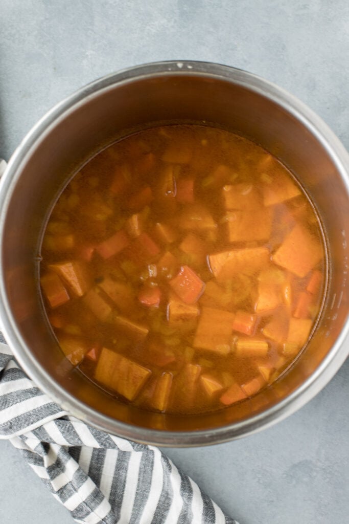 Vegan Sweet Potato Soup in a pot before being pureed.