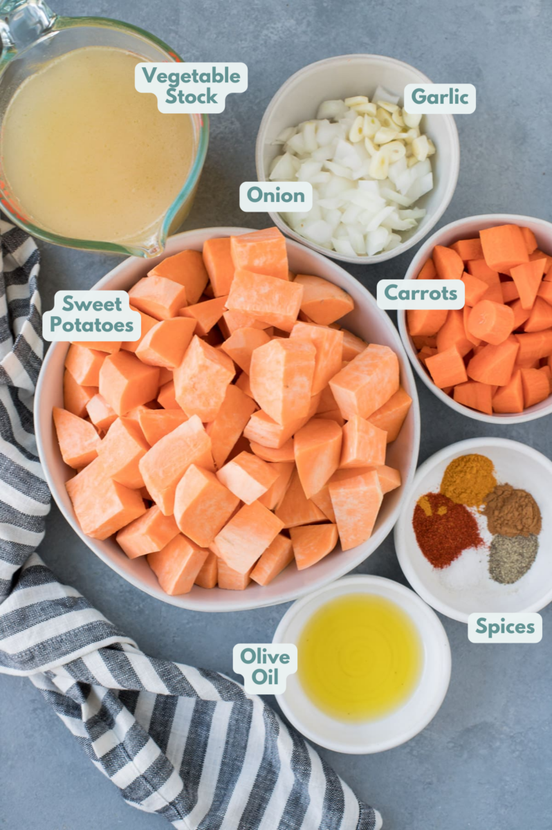 Ingredients for Sweet Potato Soup in small white bowls on a grey backgroundL broth, sweet potatoes, onion, garlic, carrots, spices, olive oil.