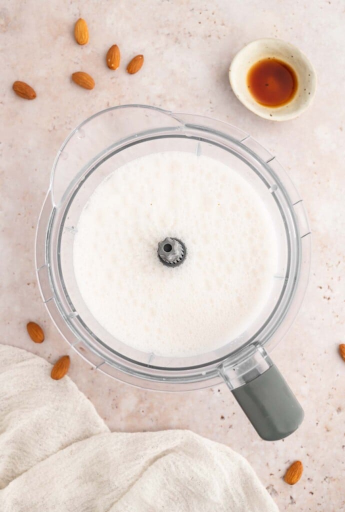 Homemade Almond milk freshly processed in a blender.