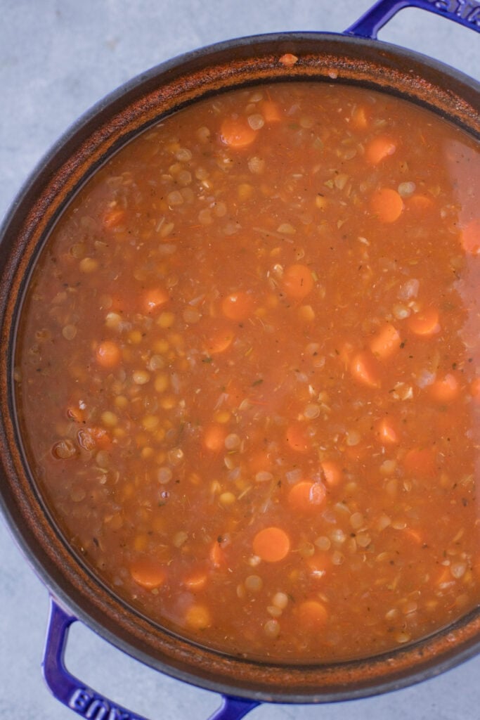 Vegan Lentil Soup in a dutch oven finished cooking