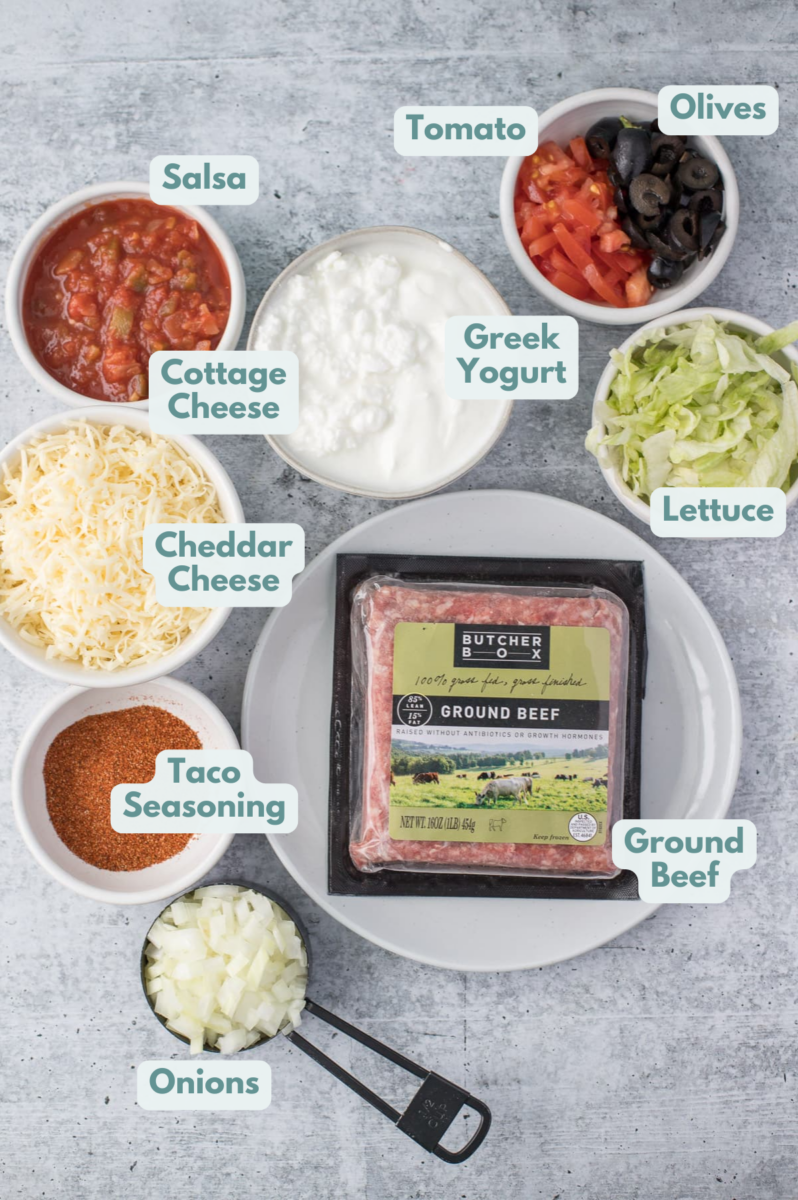 Ingredients for no cream cheese taco dip in small white bowls on a grey background: onions, taco seasoning, cheese, salsa, cottage cheese, greek yogurt, tomatoes, black olives, lettuce and ground beef