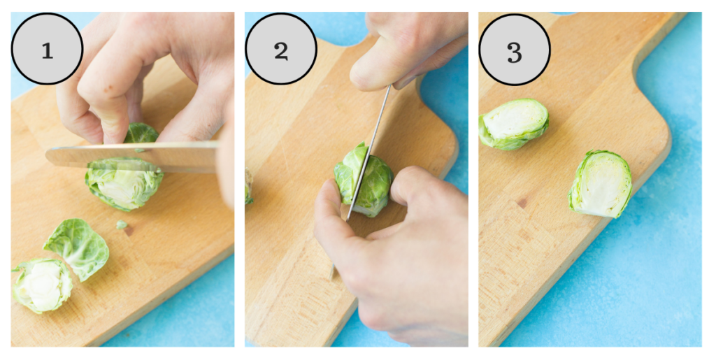 A collage with step by step instructions showing how to trim brussels sprouts