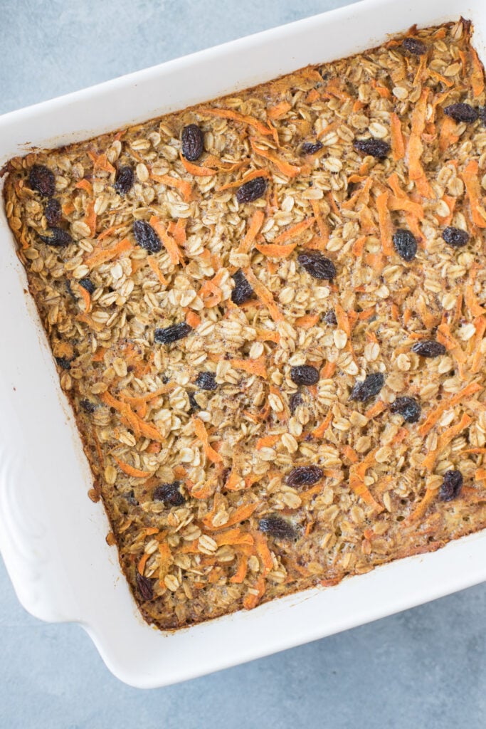 Carrot Cake Baked Oatmeal in a white baking dish after it comes out of the oven