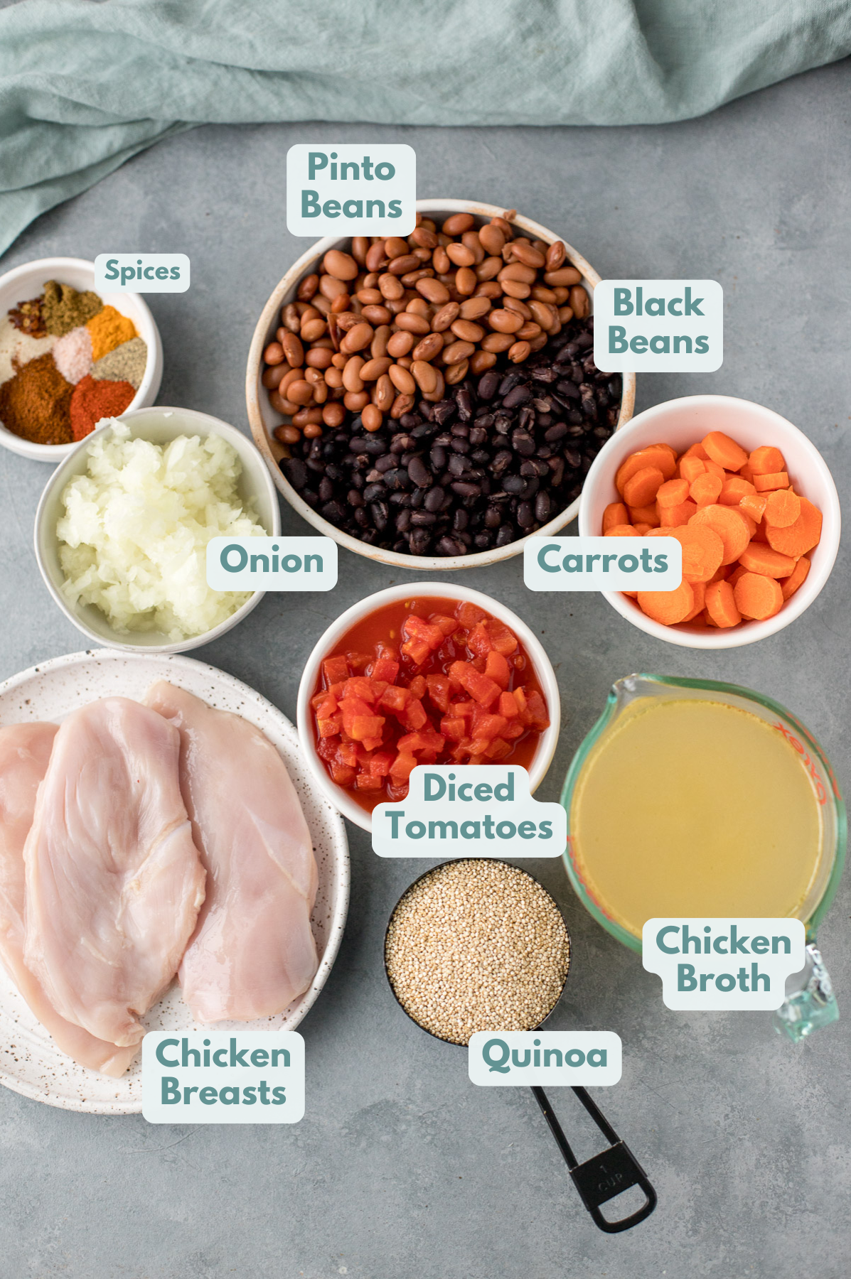 Ingredients for Chicken Quinoa Soup in small white bowls.