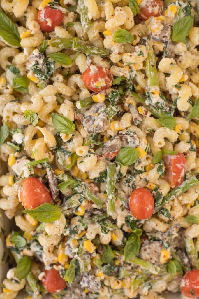 A close up of cheesy feta pasta with lots of vegetables added