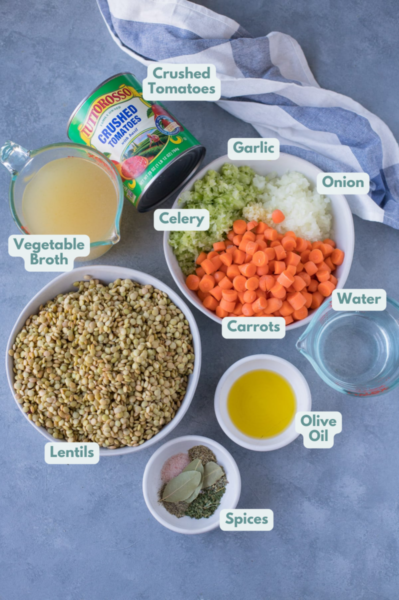 Ingredients for easy lentil soup in small white bowls on a grey background: olive oil, onion, garlic, celery, carrots, bay leaf, canned crushed tomatoes, vegetable broth, salt, pepper, thyme, parsley, basil, and lentils