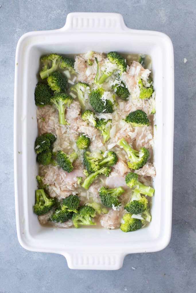 Chicken and Rice Casserole in a white casserole dish before being baked