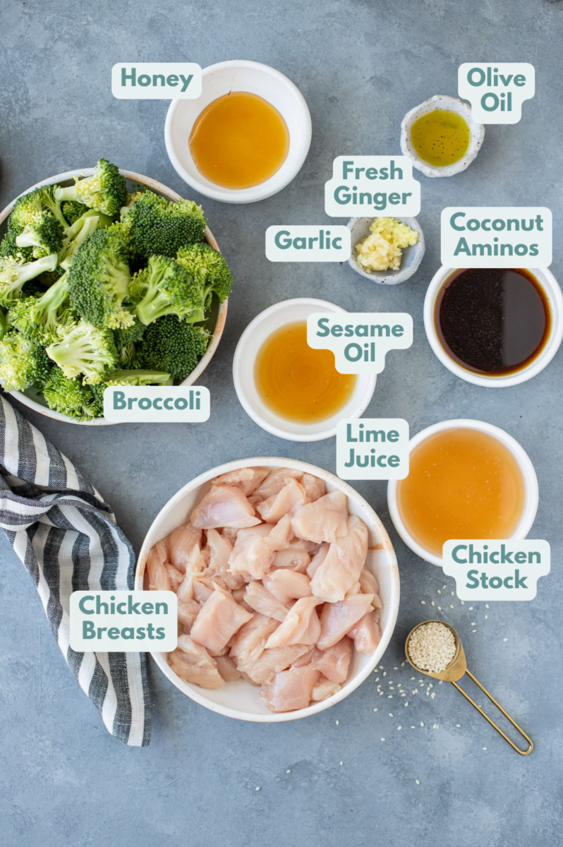 Ingredients for Chicken Broccoli Stir Fry in small white bowls on a grey background