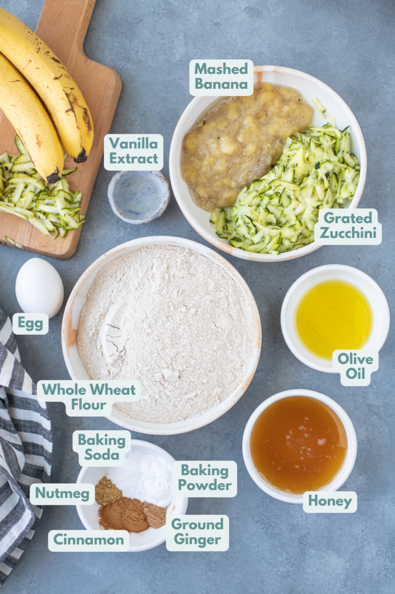 Ingredients for zucchini banana bread in small white bowls on a grey background: shredded zucchini, mashed banana, whole wheat flour, honey, spices, olive oil, egg, vanilla extract