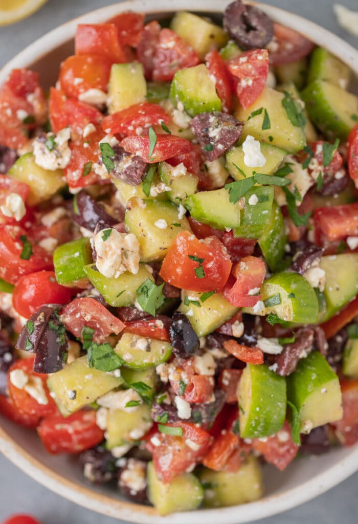 A close up of greek salad in a bowl