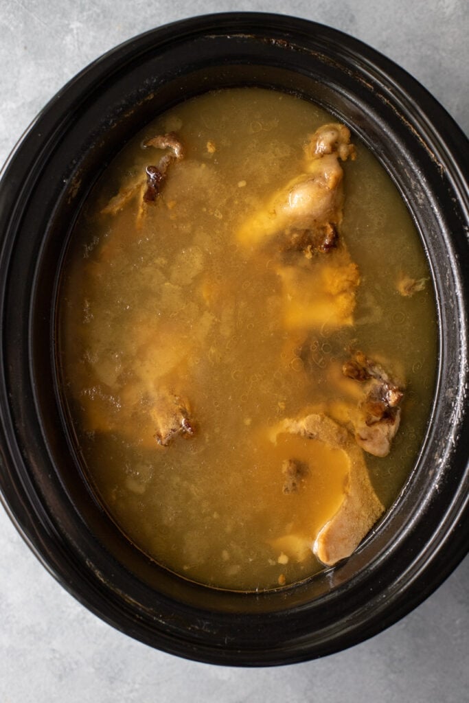 homemade beef bone broth after it has cooked for 18 hours