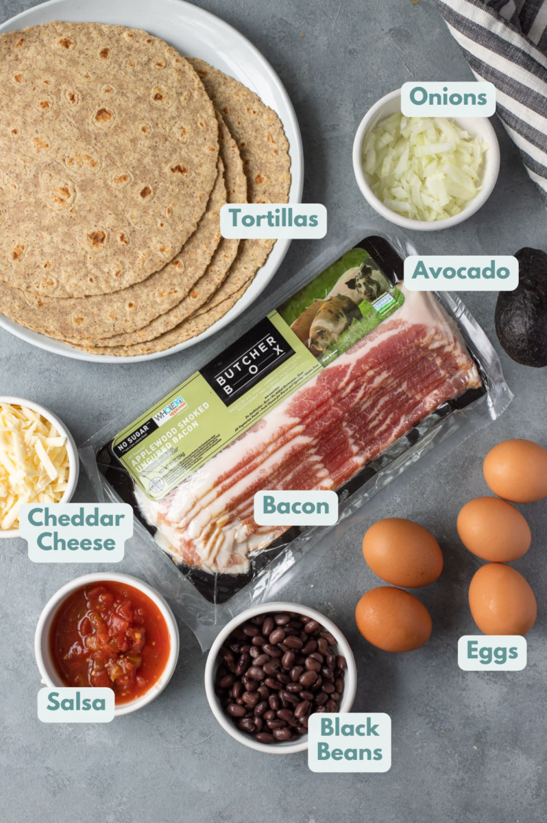 Ingredients for this Healthy Breakfast Burrito in small whit ebowls on a grey background