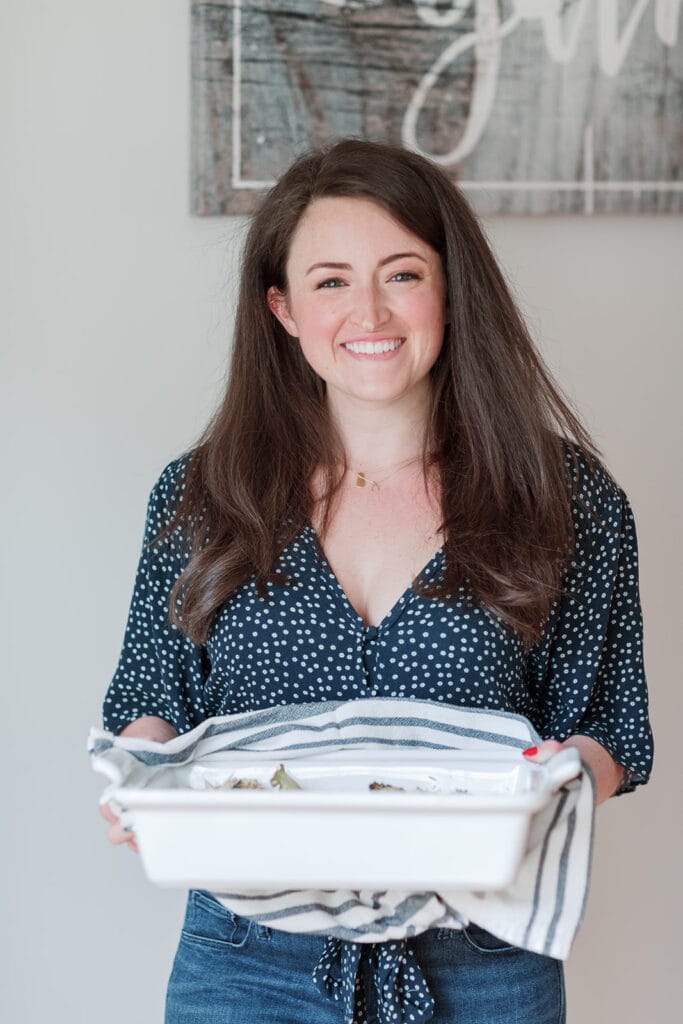 Healthy Meal Prep Idea - a girl carrying a white casserole dish