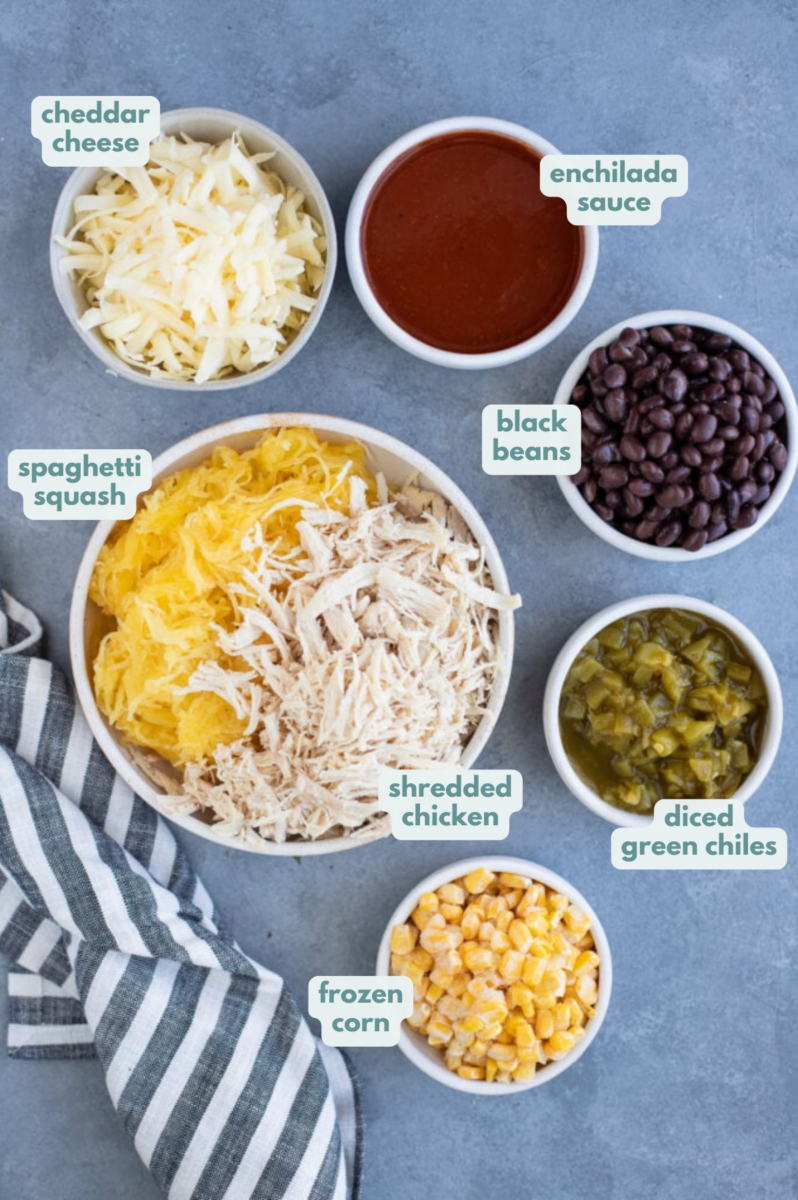 Baked Spaghetti Squash Casserole Ingredients in small white bowls