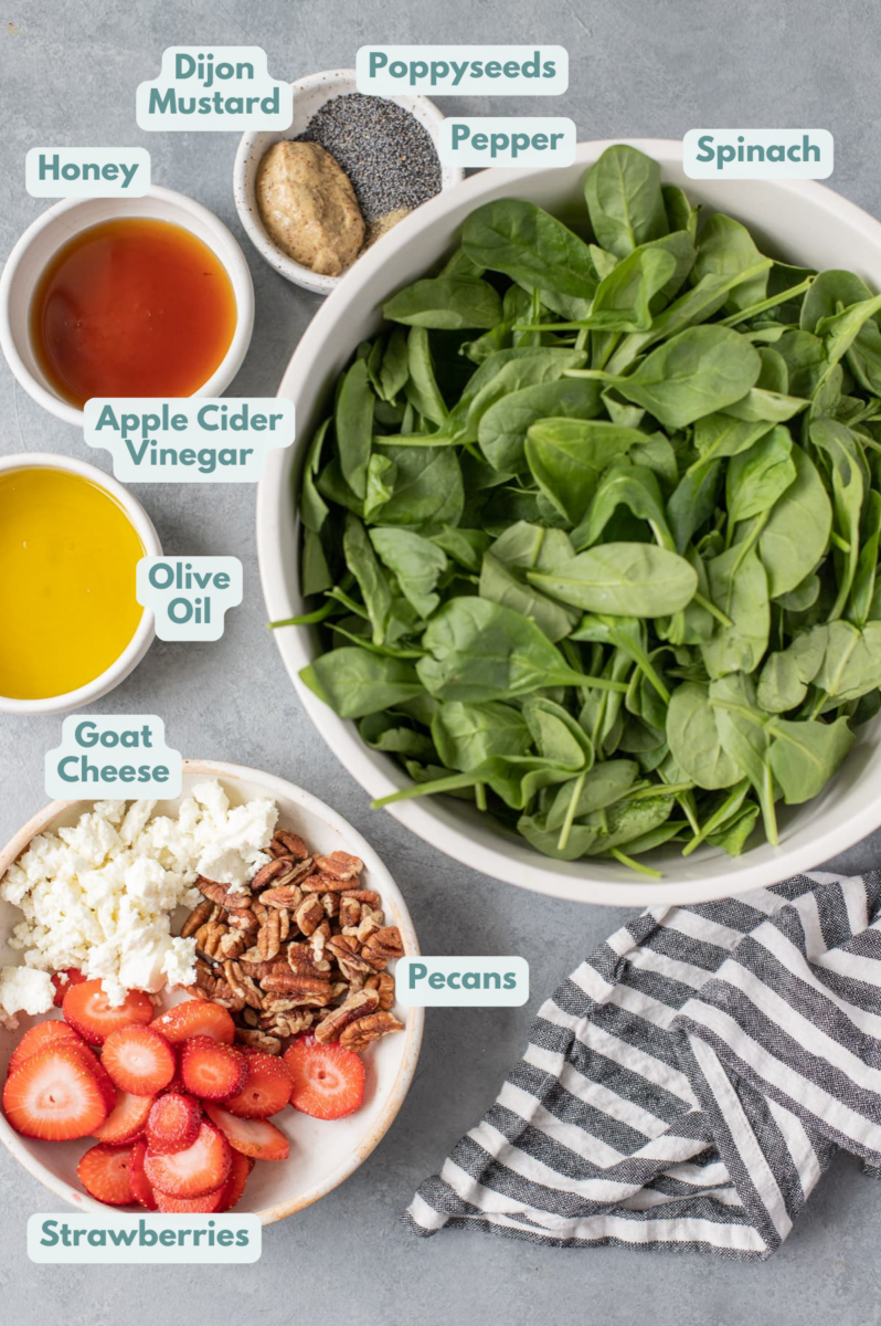 Ingredients for Easy Strawberry Spinach Salad in small white bowls on a grey background: spinach, strawberries, goat or feta cheese, pecans, olive oil, apple cider vinegar, mustard, pepper, poppyseed, honey