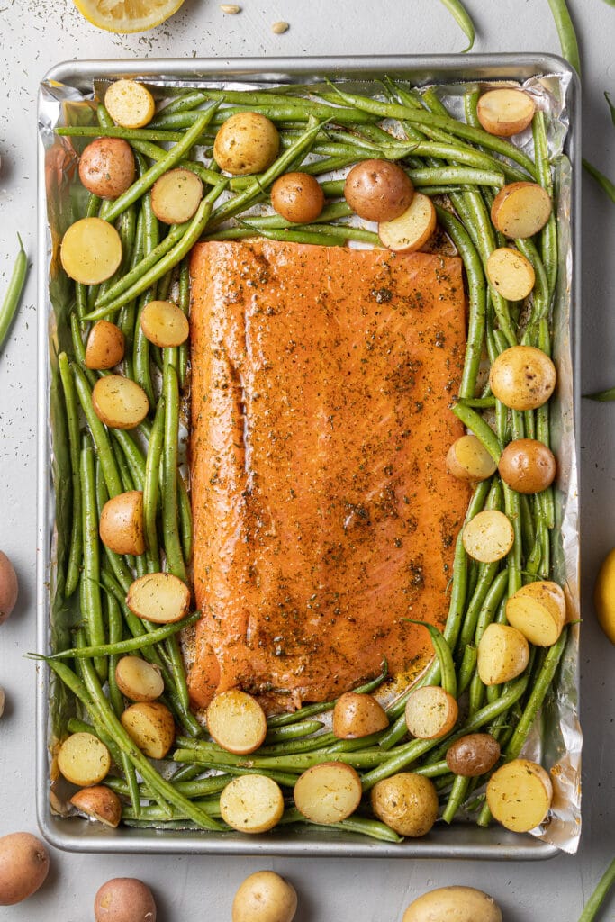 Lemon Salmon on a sheet pan before being baked in the oven