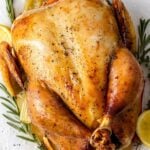Whole Roasted Chicken on a white plate with herbs off to the side