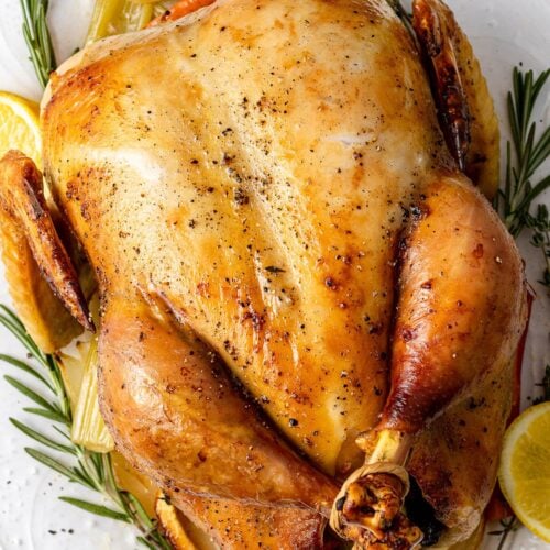 Whole Roasted Chicken on a white plate with herbs off to the side