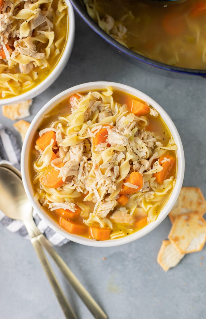A bowl of turkey noodle soup on a grey background with a pot off to the side