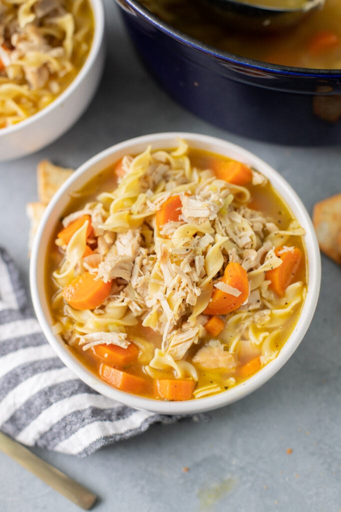 A bowl of turkey noodle soup on a grey background with a pot off to the side