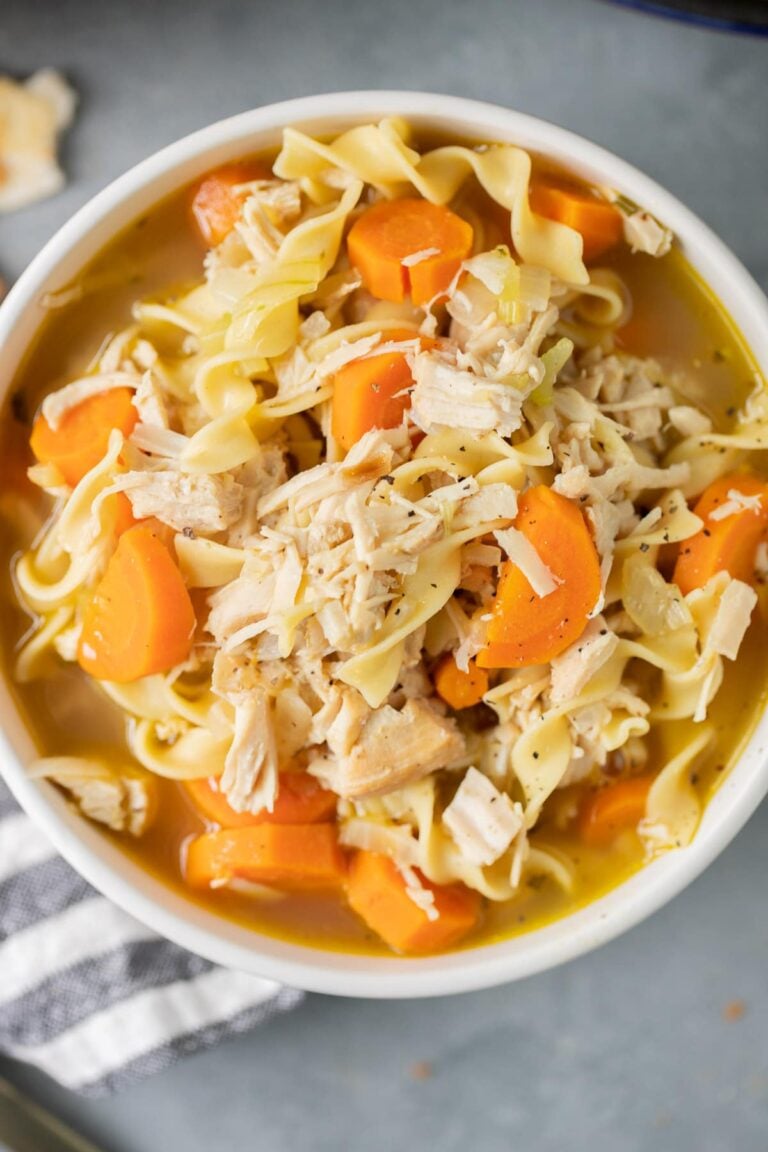 A close up of a bowl of turkey noodle soup on a grey background