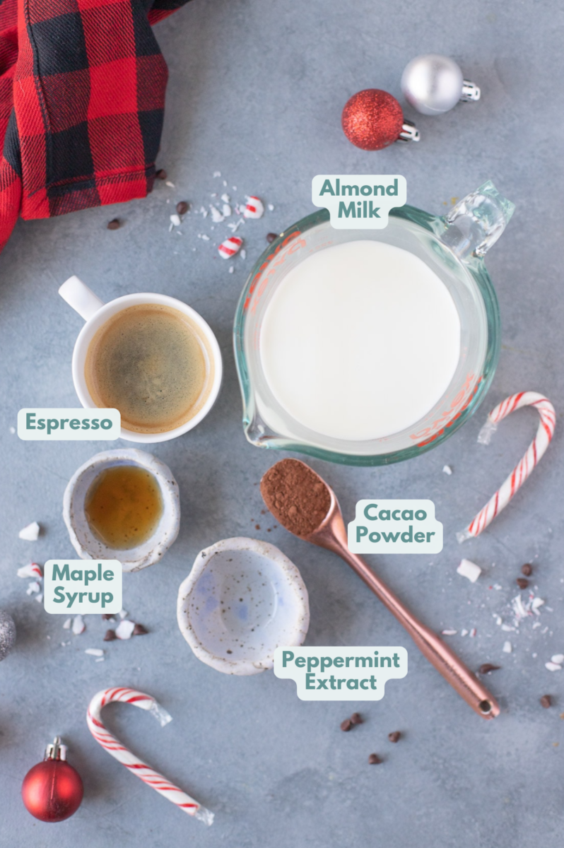 Peppermint Mocha Recipe Ingredients: milk, maple syrup, peppermint extract, cacao powder and espresso