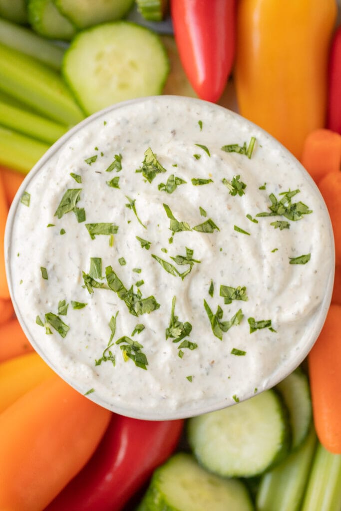 A close up of greek yogurt veggie dip surrounded by veggies